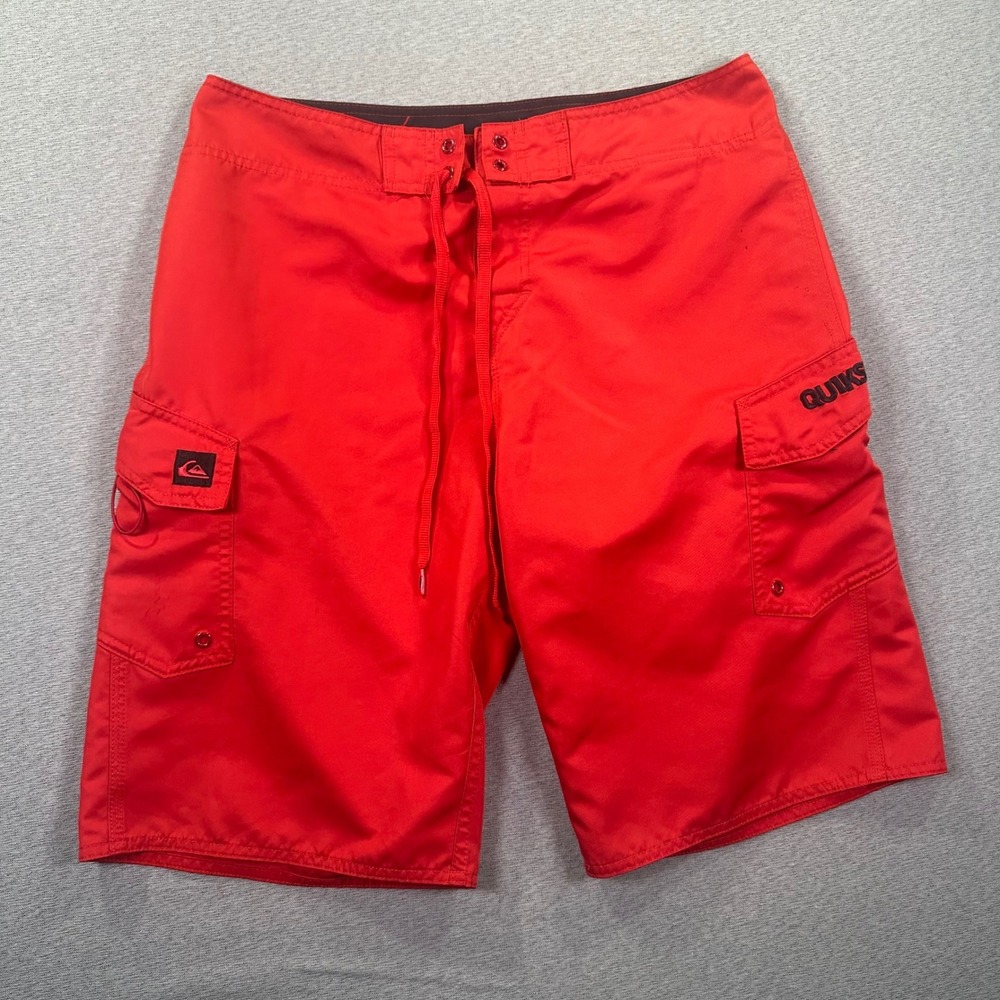 Y2K Quiksilver Board Shorts Mens 32 Red Solid Cargo Swim Trunks Embroidered